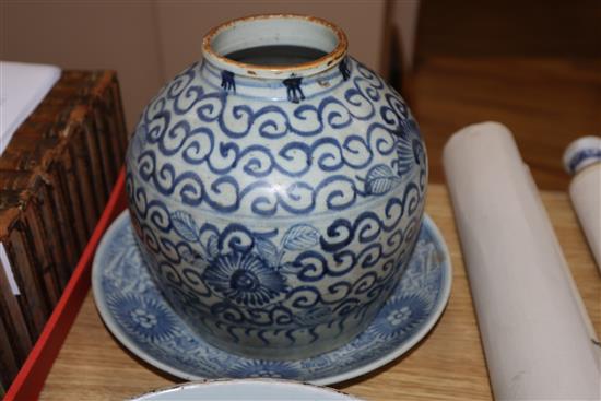 A Chinese blue and white deep plate decorated with a dragon and two other items